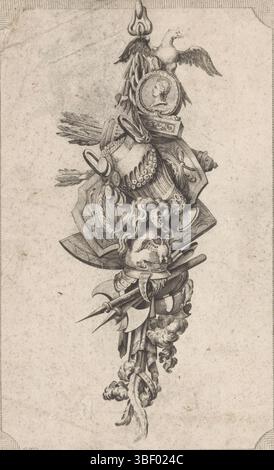 Augsburg, Gradmann, Johann, Delafosse, Jean Charles, Riedel, Gottlieb Friedrich, Trophäe mit Adler, Vase und Helm, Augsburg, verso - gestempelt, Eine Trophäe mit einem Adler auf einem gefeierten Porträt und Profil, ein Pfeilpoker, eine Vase, Schilde, ein Helm und Waffen. Verlagsnummer 20., Druck, Ornamentdrucke, Drucke, Höhe 281 mm, Breite 184 mm, Deutsch, 1724 - 1784, Printmaker, 1779 - 1779, Papier, Ätzen, Gravieren, Gravieren (Druckverfahren), Arbeitskonzeption, Französisch, 1734 - 1791-10-11, After Design, Publikation (Veranstaltung), Publikation, Herausgeber Stockfoto