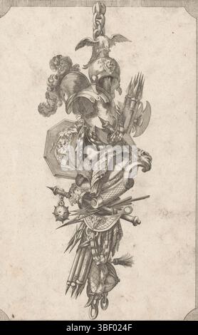 Augsburg, Gradmann, Johann, Delafosse, Jean Charles, Riedel, Gottlieb Friedrich, Trophäe mit Helmen und Rüstungen, Augsburg, verso-gestempelt, Trophäe mit Helmen, einem Gurt, einem Schild und verschiedenen Waffen. Verlagsnummer 20., Druck, Ornamentdrucke, Drucke, Höhe 278 mm, Breite 183 mm, Deutsch, 1724 - 1784, Printmaker, 1779 - 1779, Papier, Ätzen, Gravieren, Gravieren (Druckverfahren), Arbeitskonzeption, Französisch, 1734 - 1791-10-11, After Design, Publikation (Veranstaltung), Publikation, Herausgeber Stockfoto