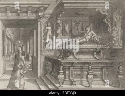 Antwerpen, Jode, Gerard de, Vredeman de Vries, Hans, Doetechum, Lucas van, Joannes van (I), Artis Perspectivae, Brunnen in Form eines Grabes, Antwerpen, Ein Eckbrunnen in Form eines Grabes, gekrönt mit dem Bild eines Mannes, der sich gegen ein Gefäß mit Wasser lehnt. Links eine stehende Frau mit einer Schüssel unter dem Arm und einem Glas in der Hand. Hinter ihrem Blick in einer Galerie. Dieser Ausdruck ist Teil eines Albums., Druck, Albumsheet, Ausdrucke, Höhe 173 mm, Breite 248 mm, Noord-Nederlands, 1530 - 1605, Druckmaschine, 1568 - 1568, Papier, Ätzen, - 1589, Arbeitskonzept, Zuid-Nederlands, 1527–1607, nach Entwurf von Publi Stockfoto