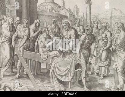 Antwerpen, Jode, Gerard de, Groeningen, Gerard van, Wierix, Johannes, Thesaurus novi Testamenti elegantissimis iconibus expressus continens historias atque miracula doni nostri Iesu Christi, Wunder Christi, Auferstehung des Sohnes der Witwe aus Nain, Antwerpen, Christus erweckt den Sohn der Witwe aus Nain. Der Junge sitzt auf seiner Leiche und sieht Christus an. Der Trauerzug verlässt das Tor der Stadt. Unter der Darstellung ein lateinischer Hinweis auf den Bibeltext. Dieser Ausdruck ist Teil eines Albums., Druck, Albumsheet, Ausdrucke, Höhe 206 mm, Breite 259 mm, Zuid-Nederlands, 1549 - 1618, pr Stockfoto
