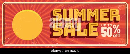 Sommersonne mit roten Strahlen für Sommerverkauf Vintage-Banner-Konzept. Distress Retro Vintage Sommer Verkauf Banner Vorlage Vektor Illustration Stock Vektor