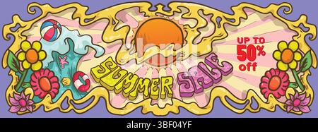 hallo Sommer-Retro-Banner für die saisonale Begrüßung. Handgezeichnete Sommersonne am Strand mit Meereswellen und tropischen Inseln und Blumen. Vintage Physc Stock Vektor
