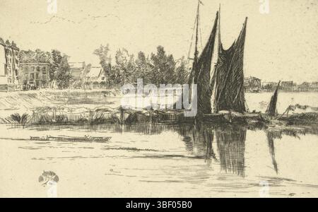 Whistler, James Abbott McNeill, England, Whistler, Hurlingham, hinten links - gestempelt, Eine Reihe von Booten ist im Wasser verankert, zwei mit noch offenen Segeln. Am Ufer eine Reihe von Häusern., gedruckt, rückwärts Mitte links - gestempelt, Höhe 136 mm, Breite 201 mm, amerikanisch, 1834-07-17, 1903-07-17, Druckerei, 1879 - 1879, viertes Viertel 19. Jahrhundert, Papier, Ätzen, trockene Nadel, Arbeitskonzept, entsprechend eigener Konstruktion von Stockfoto