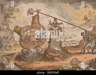 London, Humphrey, Hannah, England, Gillray, James, politischer Mathematiker, schüttelt die unteren Hemisphären, britischer politischer Zeichentrick, 1807, London, Verso - gestempelt, Spotprint über die britische Innenpolitik, 1807. Mittig eine große Hose, die kopfüber angehoben wird. Außerdem alle Arten von Wangen und Schürfwunden. Von Burning Europe aus betrachtet Napoleon die englischen staaten mit Fernglas. Cartoon, englischer Cartoon, verso - gestempelt, Höhe 320 mm, Breite 424 mm, Englisch, 1756-08-13-1815-06-01, Druckmaschine, 1807-01-09-1807, Papier, Ätzen, Handfarben, Arbeitskonzeption, laut Hi Stockfoto