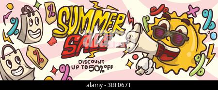 Sun-Cartoon-Maskottchen mit Megaphon für das Sommersalle-Banner-Konzept. Sommerverkauf Banner Vorlage Vektor Illustration Stock Vektor