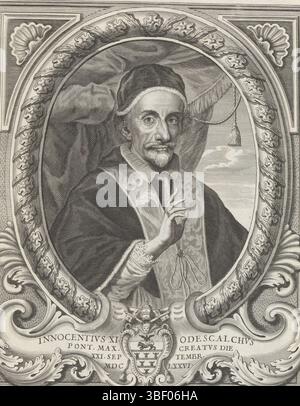Alexander VII., Rom, Rossi, Giovanni Giacomo de', Cloudet, Albertus, Effigies Nomina et Cagnomina S.D.N. Alexandri Papae VII et RR. DD. SRE. Karte., Porträt von Papst Innozenz XI., Porträt von Papst Innozenz XI. In der Mitte einer Kartusche mit der Waffe von Innozenz XI. Der Druck ist Teil eines Albums., Druck, Albumblatt, Drucke, Höhe 244 mm, Breite 185 mm, 1636 2011-06-22 - 1679-08-20, Druckerei, 1658 - 1658, drittes Quartal 17. Jahrhundert, Papier, Gravur, Gravur (Druckverfahren), Publikation (Veranstaltung), Publikation, Italienisch, 1627 - 1691, Verlag, 13. Februar 1599 - 22. 05. 1667, Provider der Berechtigung Stockfoto