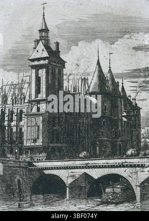Meryon, Charles, Paris, Meryon, Eaux-Fortes sur Paris, La Tour de l'Horloge, Turm mit Uhr an der Ecke des Palais de Justice in Paris, rückseitig rechts unten - eingeprägt, der Palais de Justice, an der Ecke der Turm mit einer Uhr, steht im Gerüst während einer Renovierung in Paris im Jahr 1852. Im Vordergrund liegt der Pont-au-Change über der seine. Es ist auf der Brücke, wo kleine Figuren und hochgeladene Autos laufen, bedruckt, rechts unten eingestanzt, Höhe 256 mm, Breite 183 mm, Französisch, 1821-11-23 - 1868-02-14, Printmaker, 1852 - 1852, 3. Viertel 19. Jahrhundert, Papier, Ätzen, Interme Stockfoto