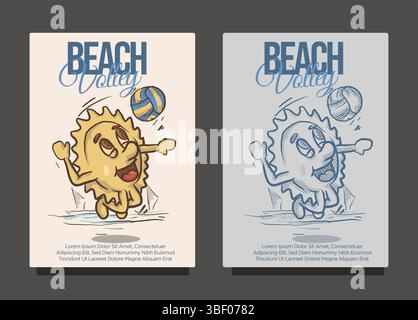 Lächeln Sonne funky Maskottchen stinkend Volley Ball am Strand für Beach Volley Konzept. Vintage-Stil Sonne Cartoon Maskottchen Vektor Illustration Stock Vektor