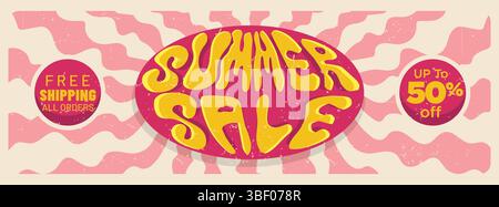 Rabattbanner im Sommer mit kostenlosem Versand im Retro-Bannerkonzept. Distress Retro Vintage Sommer Verkauf Banner Vorlage Vektor Illustration Stock Vektor
