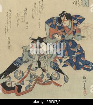Japan, Shakuyakutei, Japan, Keitei, Chôjintei, Shigenobu (II), Yanagawa, Hana Awase, Ein Vergleich der Blumen, Sono hachi - Udonge, Nummer acht: die seltene Glücksblume, verso - handgeschrieben, Ein Mann mit einem Opfertisch in den Händen und in Hofkleidung mit Schmetterlingsemblem gekleidet, steht neben einer sitzenden Frau im Kimono mit Kranmotiv. Die Kleidung und das Make-up machen deutlich, dass es sich um Schauspieler in der Rolle von Soga no Gorô Tokimune und seiner Geliebten Maizuru handelt. Mit drei Gedichten, Print, Surimono, Prints, Japan (Sammlung), Höhe 209 mm, Breite 183 mm, Japanisch, Drucker, 1820 - 1830, Stockfoto
