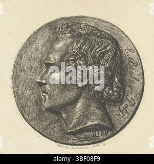 Paris, Delâtre, Auguste, David d'Angers, Pierre Jean, Frankreich, Meryon, Charles, Evariste Boulay-Paty, Porträt des Dichters Evariste Boulay-Paty auf Bronzemedaillon, Paris, verso Mitte - gestempelt, Porträt des Dichters Evariste Boulay-Paty im Relief auf Bronzemedaillon des Künstlers Pierre Jean David d'Angers. Die kopierte Unterschrift mit daum des Bildhauers zeigt, dass dieses Bild 1837 entstanden ist. Der Name des Porträts befindet sich auf der rechten Seite des Kopfes. Mit dichten Schattierungen hat Meryon die dunkle, weiche, glänzende Metalloberfläche gezeigt., Druck, S.H, gerade unten rechts - handschriftlich, Höhe 107 mm, Breite 107 Stockfoto