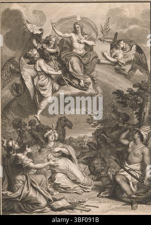 Amsterdam, Picart, Bernard, Amsterdam, Homepage für: J. Lenfant en I. de Beausobre, Le Nouveau Testament, 1718, Christus erscheint an den Personifizierungen der Kontinente, rückwärts links - gestempelt, Christus thront auf einem Regenbogen im Himmel, er zertrampelt eine Schlange und einen Schädel und symbolisiert jeweils das Böse und den Tod. Die Flamme des Glaubens brennt über seinem Kopf. Er predigt das Evangelium den Charakteren der Kontinente, die von der Erde zu ihm aufschauen. Rechts im Hintergrund flieht die Götzendiener. Im Hintergrund stehen zwei überraschte Männer, die das Judentum symbolisieren. Mit leerem Rand. Drucken, Titel PA Stockfoto
