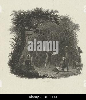 Amsterdam, Best, Johannes Alexander Rudolf, Weißer Mann spricht für schwarze Bewohner fremder Länder, Edwin Bligh liest aus der Bibel zu versklavten Afroamerikanern in einem Wald in Mississippi, Amsterdam, Edwin Bligh liest aus der Bibel zu versklavten Afroamerikanern in einem Wald in Mississippi, verso unter - gestempelt, Szene aus einem Buch, in dem Edwin Bligh und seine Schwester Lusy Bligh aus der Bibel in einem offenen Raum in einem Wald in einem Wald lesen. Um sie herum lauschen versklavte Afroamerikaner, Druck, Buchillustration, Abzüge, Höhe 239 mm, Breite 142 mm, 1797 - 1855-01-12, Printmaker, 1836 - 1855, se Stockfoto