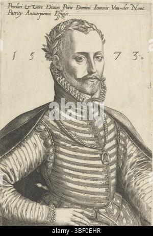 Antwerpen, Bruyn, Abraham de, Porträt von Jan van der Noot, Antwerpen, hinten links unten - gestempelt, Jonker Jan van der Noot, niederländischer Dichter, Halfly porträtiert, gekrönt mit Lorbeerkranz. Medaille um seinen Hals mit dem Bild eines Musikers, der auf einer Seilwinde spielt. Lateinische Beschriftung, bedruckt, Höhe 176 mm, Breite 120 mm, 1540 - 1587, Druckerei, 1573 - 1573, Papier, Gravur, Gravur (Druckverfahren)“ Stockfoto
