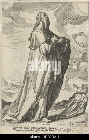 Amsterdam, Visscher, Claes Jansz. II) Goltzius, Hendrick, Matham, Jacob, Propheten des Alten Testaments, David, Amsterdam, Vers unten links - gestempelt, mit Harfe, Krone und Zepter neben ihm. Erstdruck aus der Reihe der Propheten und Prophezeiungen aus dem Alten Testament zusammengeführt, Druck, Höhe 250 mm, Breite 166 mm, Nordholländisch, 15.10.1571, 1631.01.20, Druckerei, 1589.1589, Papier, Gravur, Gravur (Druckverfahren), 1558-01 - 1617-01-01, Zwischendramaturg, Zeichnung, Publikation (Ereignis), Publikation, Noord-Nederlands, 1586 - 19.06.1652, Verlag Stockfoto