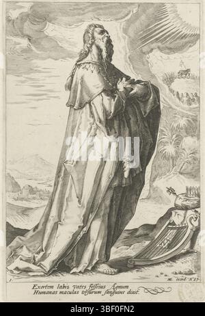 Haarlem, Goltzius, Hendrick, Matham, Jacob, Propheten des Alten Testaments, David, Haarlem, hinten links - gestempelt, mit Harfe, Krone und Zepter neben ihm., Druck, Höhe 250 mm, Breite 169 mm, Nordholland, 15. 10. 1571 1631-01-20, Druckerei, 1589-1589, Papier, Gravur, Gravur (Druckverfahren), Nordniederländische Niederlande, 1558-01 - 1617-01-01, Vermittler, nach dem Zeichnen, Publikation (Ereignis), Publikation, Herausgeber Stockfoto