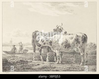 Dordrecht, Steuerwald & Co., Dordrecht, Koningh, Leendert de, Zeichnungen an Bestien, zwei Kühe und zwei Figuren in einem Boot, eine Kuh leckt den Rücken der anderen Kuh. Dieser Druck gehört zu einer Serie von sechs Abzügen, die zusammen mit einem Titelblatt gebunden sind., Druck, Höhe 325 mm, Breite 455 mm, 12.04.2008 - 1777 1849-06-08, Druckmaschine, 1826 - 1826, Papier, Lithografie (Technik), Drucker, Publikation (Ereignis), Publikation, Herausgeber Stockfoto