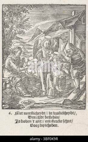 Wierix, Hieronymus, Amsterdam, Shechem, Christoffel van (II), de kindsheyd onzes lorden Iesu Christi, die Jugend Christi, Christkind nimmt Holzhacker auf, hinterlässt unter - gestempelt, Joseph hackt Holz aus einem Baumstamm. Das Christkind nimmt die Schnipsel auf. Zwei Engel helfen ihm dabei, das Holz in ihrem Mantel zu sammeln. Maria ist bei ihnen und sie dreht sich. Am unteren Rand vier Zeilen niederländischer Text., Druck, Höhe 137 mm, Breite 87 mm, Noord-Nederlands, 1581 - 1658-07-02, Druckerei, 1617 - 1617, Papier, Holzschnitt, Buchdruck, Buchdruck, Werkkonzeption, Zuid-Nederlands, 1553 - 1619-11-01 Stockfoto