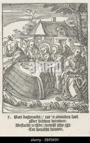 Wierix, Hieronymus, Amsterdam, Shechem, Christoffel van (II), de kindsheyd onzes heren Iesu Christi, Jeugd van Christ, Christkind baut ein Schiff, verso hinterlässt es - gestempelt, Christchild hilft seinem Vater Joseph, ein Schiff zu bauen. Er wird von zwei Engeln unterstützt. Maria ist bei ihnen und strickt. Im unteren Rand vier Zeilen niederländischer Text., Druck, Höhe 137 mm, Breite 85 mm, Noord-Nederlands, 1581 - 1658-07-02, Druckerei, 1617 - 1617, Papier, Holzschnitt, Buchdruck, Buchdruck, Werkkonzeption, Zuid-Nederlands, 1553 - 1619-11-01 Stockfoto