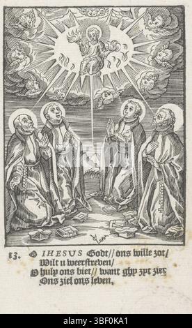 Wierix, Hieronymus, Amsterdam, Shechem, Christoffel van (II), de kindsheyd onzes heeren Iesu Christi, Jeugd van Christ, Christkind in nimbus, verso links unter - gestempelt, Het Christkind in een nimbus traf in een Hand een flammende hart, omgeving door cherubijnen. Das Kind wird von vier Jesuiten verehrt: Ignatius van Loyola, Francis Xavier, Aloysius Gonzaga und Stanislaus Kostka. Im unteren Rand vier Zeilen niederländischer Text., Druck, Höhe 137 mm, Breite 85 mm, Noord-Nederlands, 1581 - 1658-07-02, Druckerei, 1617 - 1617, Papier, Holzschnitt, Buchdruck, Buchdruck, Arbeitskonzeption, Zuid-Nederla Stockfoto