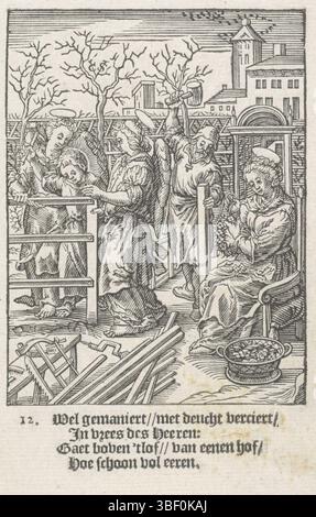 Wierix, Hieronymus, Amsterdam, Shechem, Christoffel van (II), de kindsheyd onzes heeren Iesu Christi, Jeugd van Christ, Christkind tijdens een Zaun, links verso - gestempelt, unterstützt von zwei Engeln das Christkind hat einen Zaun. Zusammen mit seinem Vater Joseph arbeitet er im Garten. Maria sitzt mit ihnen und reitet auf einem Blumenkranz. Am unteren Rand vier Zeilen niederländischer Text., Druck, Höhe 137 mm, Breite 84 mm, Noord-Nederlands, 1581 - 1658-07-02, Druckerei, 1617 - 1617, Papier, Holzschnitt, Buchdruck, Buchdruck, Werkkonzeption, Zuid-Nederlands, 1553 - 1619-11-01 Stockfoto