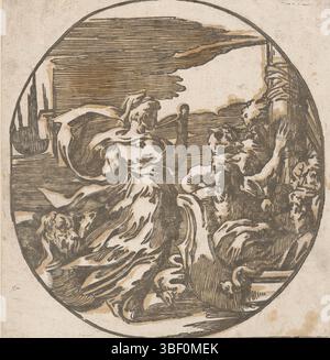 Parmigianino, Italien, Trient, Antonio da, Circe Drinking, Circe trinkt aus einer Schüssel und rechts die Männer von Odysseus auf einem Schiff, Druck, Höhe 214 mm, Breite 203 mm, Italienisch, 1510 - 1550, Druckerei, 1520 - 1550, erstes Viertel 16. Jahrhundert, zweites Viertel 16. Jahrhundert, Papier, Tinte, clair-obskur-Holzschnitt, Stift, Arbeitskonzept, 11. 01. 1503 - 24. 08. 1540 Stockfoto