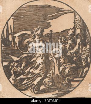 Andreani, Andrea, Parmigianino, Italien, Trient, Antonio da, Circe trinkt, Circe trinkt aus einer Schüssel und rechts die Männer von Odysseus auf einem Schiff., Druck, Höhe 215 mm, Breite 198 mm, Italienisch, 1510 - 1550, Druckerei, 1568 - 1629, 1. Quartal 16. Jahrhundert, 2. Quartal 16. Jahrhundert, Papier, clair-obskur-Holzschnitt, Arbeitskonzept, 1503 11.01.2011 - 1540-08-24, nach Design, Publikation (Event), Publikation, 1559 - 1629, Verlag Stockfoto