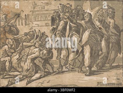 Mantua, Andreani, Andrea, Parmigianino, Italien, Vicentino, Niccolò, Christus heilt Aussätzige, verso - gestempelt, Christus mit den Aposteln und einer Gruppe bettelnder Aussätziger., Druck, Höhe 299 mm, Breite 422 mm, Italienisch, Druckerei, 1608 - 1608, 1. Quartal 16. Jahrhundert, 1. Quartal 17. Jahrhundert, Papier, clair-obscur Holzschnitt, Arbeitskonzept, 11. Januar 1503 - 24. August 1540, nach Design, Publikation (Event), Publikation, 1559 - 1629, Verlag Stockfoto