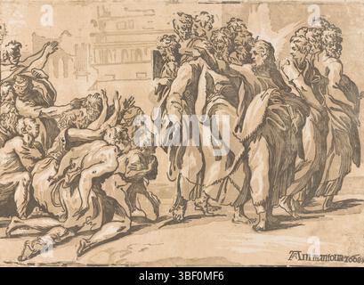 Mantua, Andreani, Andrea, Parmigianino, Italien, Vicentino, Niccolò, Christus heilt Aussätzige, verso - gestempelt, Christus mit den Aposteln und einer Gruppe bettelnder Aussätziger., Druck, Höhe 302 mm, Breite 415 mm, Italienisch, Druckerei, 1608 - 1608, 1. Quartal 16. Jahrhundert, 1. Quartal 17. Jahrhundert, Papier, clair-obscur-Holzschnitt, Werkkonzeption, 11. Januar 1503 - 24. August 1540, nach Design, Publikation (Event), Publikation, 1559 - 1629, Verlag Stockfoto