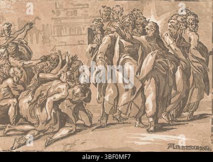 Mantua, Andreani, Andrea, Parmigianino, Italien, Vicentino, Niccolò, Christus heilt Aussätzige, verso gestempelt, Christus mit den Aposteln und eine Gruppe bettelnder Aussätziger., Druck, Höhe 301 mm, Breite 416 mm, Italienisch, Druckerei, 1608 - 1608, 1. Quartal 16. Jahrhundert, 1. Quartal 17. Jahrhundert, Papier, clair-obscur-Holzschnitt, Werkkonzeption, 11. Januar 1503 - 24. August 1540, nach Design, Publikation (Event), Publikation, 1559 - 1629, Verlag Stockfoto