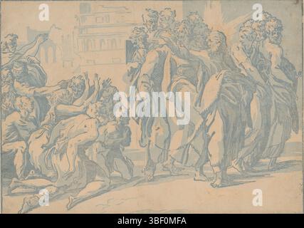 Parmigianino, Italien, Vicentino, Niccolò, Christus heilt Aussätzige, verso - gestempelt, Christus mit den Aposteln und einer Gruppe bettelnder Leprakranken., Druck, Höhe 299 mm, Breite 417 mm, Italienisch, Printmaker, 1540 - 1550, 1. Quartal 16. Jahrhundert, Papier, clair-obscur-Holzschnitt, Werkkonzeption, 11. Januar 1503 - 24. August 1540 Stockfoto