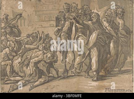 Mantua, Andreani, Andrea, Parmigianino, Italien, Vicentino, Niccolò, Christus heilt Aussätzige, verso - gestempelt, Christus mit den Aposteln und einer Gruppe bettelnder Aussätziger., Druck, Höhe 299 mm, Breite 420 mm, Italienisch, Druckerei, 1608 - 1608, 1. Quartal 16. Jahrhundert, 1. Quartal 17. Jahrhundert, Papier, clair-obscur Holzschnitt, Arbeitskonzept, 11. Januar 1503 - 24. August 1540, nach Design, Publikation (Event), Publikation, 1559 - 1629, Verlag Stockfoto