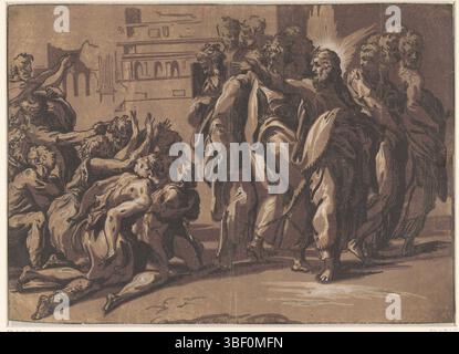 Parmigianino, Italien, Vicentino, Niccolò, Christus heilt Aussätzige, verso - gestempelt, Christus mit den Aposteln und einer Gruppe bettelnder Leprakranken., Druck, Höhe 297 mm, Breite 414 mm, Italienisch, Printmaker, 1540 - 1550, 1. Quartal 16. Jahrhundert, Papier, clair-obscur-Holzschnitt, Werkkonzeption, 11. Januar 1503 - 24. August 1540 Stockfoto