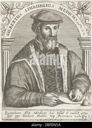 Boissard, Jean Jacques, Frankfurt am Main, Bry, Johann Theodor de, Theodor de, Gilbertus Limburgius, Porträt von Gilbert Fuchs, Porträt des Arztes am Lüttich, Gilbert Fuchs, an einem Tisch. Unter dem Porträt ein Gedicht, Druck, Buchabbildung, Drucke, Höhe 140 mm, Breite 100 mm, Zuid-Nederlands, 1528 - 1598-03-27, Printmaker, 1597 - 1599, Papier, Gravur, Gravur (Druckverfahren), 1561 - 1623, Arbeitskonzept, 1528 - 1598 Stockfoto