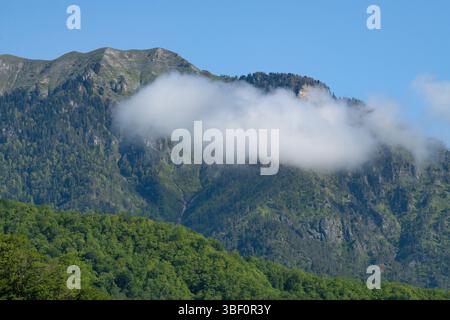 Eine Wolke vor dem Hintergrund der Kaukasusberge an einem sonnigen Maimorgen. Abchasien Stockfoto