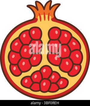 Reifer Granatapfel, halbierte Früchte. Handgezeichneter flacher Stil mit auffälligen Linien. Für Lebensmittelverpackungen, Werbeaktionen für gesunde Lebensmittel, Rezeptbücher, Ernährungsblogs, Produktetiketten, Menü, saisonales Design Stock Vektor