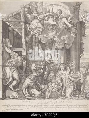 Rom, Veronese, Paolo, Rom, Italien, Barri, Giacomo, Anbetung durch die Hirten, verso-gestempelt, unter dem Dach eines alten Holzstalls, wird Maria geknien und zeigt das Christuskind in der Krippe einer Hirtengruppe. Mit dem Ochsen und dem Esel. In den Himmelsengeln, von denen es einen Zwirn mit dem Text gibt: Gloria in excelsis hält D[eo]., Druck, Höhe 443 mm, Breite 366 mm, Italienisch, 1630 - 1684, Druckmaschine, 1667 - 1667, Papier, Ätzen, Gegenschutz, Gegendruck, 1528 - 1588-04-19, danach, durch Lackieren, Arbeitskonzept, 1528 - 19. 04. 1588 Stockfoto