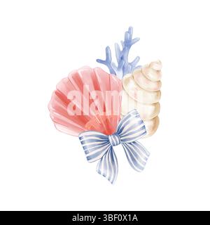 Marine Komposition in Aquarellen mit rosa Jakobsmuscheln, elfenbeinfarbener Muschel, blauen Korallen und gestreiftem Band. Seefahrtsklipart für Sommer-Design, Kinder dez Stockfoto