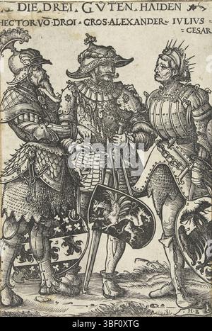 Burgkmair, Hans (I), Helden und Heldins, die drei Gvten Haiden, Hector von Troja, Alexander der große und Julius Cäsar als drei Helden aus der Antike, verso links unter - gestempelt, Alexander der große und Julius Cäsar als die drei besten Feldherren der Antike. Sie tragen Rüstungen und Schilde mit ihren Waffen. Der deutsche Text beschreibt sie als drei Helden aus der Antike., Druck, Höhe 190 mm, Breite 128 mm, Deutsch, 1473 - 1531, Druckerei, 1516 - 1519, 1. Quartal 16. Jahrhundert, Papier, Holzschnitt Stockfoto