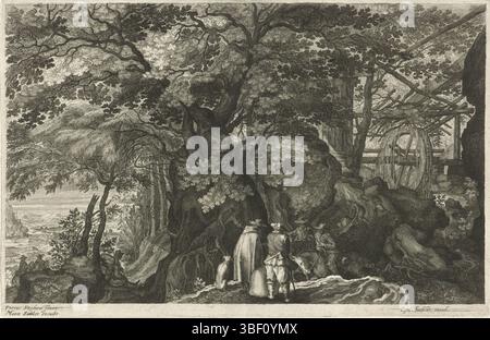 Venedig, Sadeler, Marcus, Prag, Aegidius, Stevens, Pieter (II), acht Landschaften in Böhmen, Fluss mit Felsen und einer Wassermühle, Venedig, hinten links unten - gestempelt, Fluss mit Felsen. Im Vordergrund Reisende zu Fuß und zu Pferd. Auf der rechten Seite eine Wassermühle. Der dritte Druck einer achtteiligen Serie von Landschaften in Böhmen, Druck, Höhe 240 mm, Breite 368 mm, Südholländisch, 1570 - 1629, Druckmaschine, 1597 - 1629, Papier, Ätzen, Gravur, Gravur (Druckverfahren), 1567 - 1624, Zeichner, Zeichner, Publikation (Veranstaltung), Publikation, Verlag, Verlag, Deutsch, 1614-04- Stockfoto