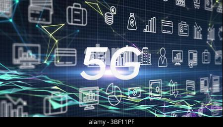 Bild von fallenden Symbolen und 5 g Text über dunklem Hintergrund Stockfoto