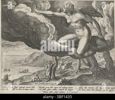 Rudolf II. Von Habsburg, Barendsz., Dirck, Köln, Sadeler, Johann (I), die vier Teile des Tages, Avlora, Dawn, verso links - gestempelt, die geflügelte Aurora, die Personifikation des Sonnenaufgangs in den Wolken. Sie fährt die Nacht raus. Auf ihrem Kopf ein Stern. Unter ihr eine Morgenlandschaft mit Jägern in Bewegung. Im Hintergrund sind Fischer auf See. Am Rand eine lateinische Unterschrift, die den Sonnenaufgang erklärt. Der Druck ist Teil einer vierteiligen Serie über die Tageszeiten und die menschlichen Aktivitäten, die während dieser Tageszeit stattfinden., Druck, Höhe 185 mm, Breite 228 mm, Südholland, 15 Stockfoto