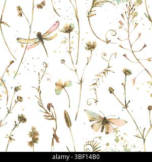 Nahtloses botanisches Muster mit wilden Kräutern, Libellen und Schmetterlingen. Weicher Aquarellstil, perfekt für Öko-Designs, Geschenkpapier, Tapeten Stockfoto
