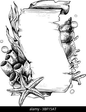 Papyrus Rollrolle mit gezackten Kanten, Platz für Text mit Korallen, Muscheln, Seesternen, Meeresschwämmen, Algen. Grafische Abbildung, handgezeichnet mit Schwarz Stock Vektor