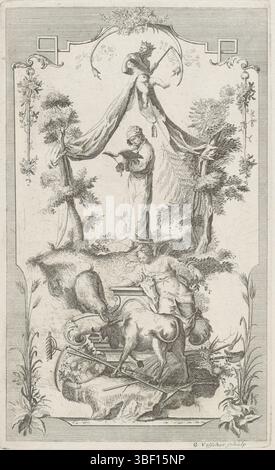 Amsterdam, Visscher, Gerrit, Mann studierte Buch und Frau bei Kuh, Amsterdam, vero - gestempelt, Centraal ein stehender Mann, der in einem Buch liest. Da oben eine Halbfigur mit zwei Gesichtern, eine Krone auf dem Kopf, ein Baby unter dem Arm und in der anderen Hand eine Sense. Inmitten einer Frau, die sich an ein Denkmal und eine Kuh lehnt, Druck, Ornamentdruck, Drucke, Höhe 280 mm, Breite 170 mm, Drucker, 1690 - 1710, Papier, Ätzen, Gravur, Gravur (Druckverfahren) Stockfoto