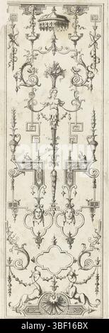 Augsburg, Wolf, Jeremiahs, Frankreich, Berain, Jean (le Vieux), Augsburg, Ziertafeln, moderne Riesen mit femininer Herme, die Herme trägt einen Korb mit Früchten und Blättern auf dem Kopf., Druck, Ornamentdrucke, Drucke, Höhe 305 mm, Breite 105 mm, Deutsch, 1673 - 1724, Druckerei, 3. Quartal 17. Jahrhundert, 4. Quartal 17. Jahrhundert, 1. Quartal 18. Jahrhundert, Papier, Ätzen, Ätzen, Werkkonzeption, Französisch, 1640-04 - 1711-01-25, nach Entwurf, Veröffentlichung (Veranstaltung), Veröffentlichung, Herausgeber Stockfoto