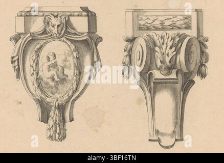Augsburg, Riedel, Gottlieb Friedrich, Delafosse, Jean Charles, Konsoles dans le Goût antique, Konsolen trafen Ramskop en medallion, Augsburg, verso - gestempelt, hinterließ eine Konsole mit einem Ramskop und ein ovales Medaillon mit Putti. Rechts eine Konsole mit Blattmotiven. Direkt über Z nummeriert, rechts unter 3 nummeriert., Druck, Ornamentdruck, Drucke, Ornamentdrucke, Höhe 158 mm, Breite 228 mm, Deutsch, 1724 - 1784, Drucker, 1771 - 1784, Papier, Ätzen, Werkkonzeption, Französisch, 1734 - 11.10.1791, nach Entwurf, Publikation (Event), Publikation, Verlag Stockfoto