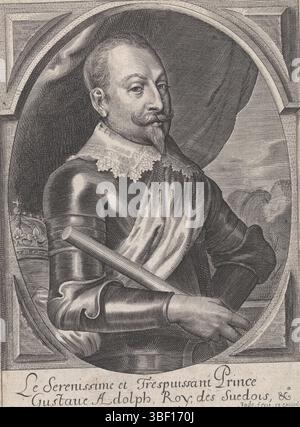 Jode, Pieter de (II), Antwerpen, Jode, Theatrum pontificum, Imperatorum, Regum, Ducum, Porträt von Gustaaf II. Adolf, König von Schweden, Antwerpen, hinten links unten - gestempelt, in der Hälfte. In seiner rechten Hand hält er einen Kommandostab. Im Hintergrund eine Krone. Das Hochformat ist in einen ovalen Rahmen mit quadratischer Kante eingefasst. Am Rand eine zweizeilige Unterschrift in französischer Sprache, Druck, Höhe 153 mm, Breite 113 mm, Zuid-Nederlands, 22.11.1606 1674, Druckerei, 1628.1670, Papier, Gravur, Gravur (Druckverfahren), Ätzen, Ätzen, Publikation (Ereignis), Publikation, Herausgeber Stockfoto