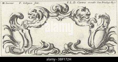 Louis XIV (König von Frankreich), Paris, Langlois, Frankreich, Italien, Bella, Stefano della, Frankreich, Collignon, Kartuschen, Cartouche mit zwei Löwenköpfen, rückwärts links unten - gestempelt, aus zweiter Auflage., Druck, Ornamentdruck, Drucke, Ornamentdrucke, Höhe 88 mm, Breite 170 mm, Französisch, 1610 - 1687, Printmaker, 1645 - 1647, zweites Viertel 17. Jahrhundert, Papier, Ätzen, Ätzen, Werkkonzeption, Italienisch, 18.05.1610, 27.07.1664, nach dem Design von, Publikation (Veranstaltung), Publikation, 12.05.1589, 1647.0-14, Verlag, 05.09.1638 - 01.09.1715, Stockfoto