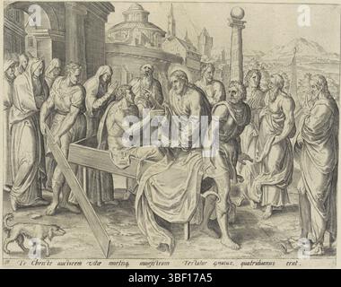 Antwerpen, Jode, Gerard de, Groeningen, Gerard van, Wierix, Johannes, Thesaurus sacrarum historium veteris testamenti, Wunder Christi, Auferstehung des Sohnes der Witwe aus Nain, Antwerpen, oben rechts auf Papier - handgeschrieben, Christus erweckt den Sohn der Witwe aus Nain. Der Junge sitzt auf seiner Leiche und sieht Christus an. Der Trauerzug verlässt das Tor der Stadt. Unter der Darstellung ein lateinischer Bezug auf den Bibeltext., print, verso - stempelt, O Seigneur, and rannts a samere son fils ressuscité, vous montrez bien que la vie et la mort dependent de vous ..., recto Center o Stockfoto